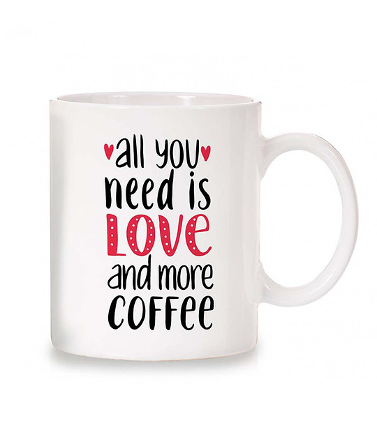 Керамична бяла чаша за кафе с надпис Love and more coffee снимка
