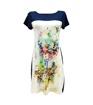 Рокля в екрю и тъмносиньо с цветя Sobella снимка