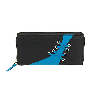 Кожен дамски портфейл в черно и синьо снимка