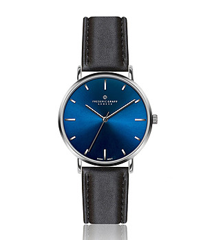 Сребрист мъжки часовник със син циферблат и черна каишка Mont Fort снимка