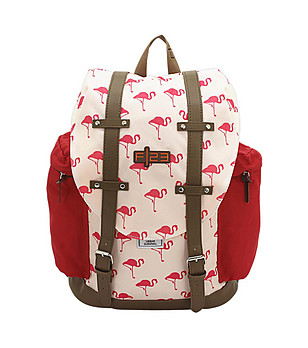 Дамска раница в бежово и корал с принт фламинги снимка