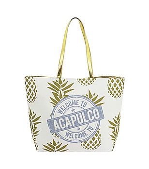 Бяла дамска чанта със златист принт снимка