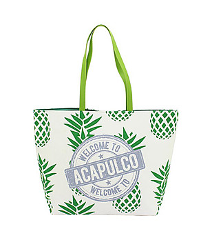 Бяла дамска чанта със зелен принт снимка