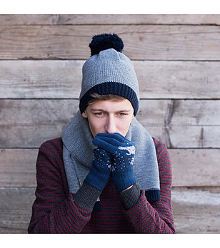 Unisex комплект от шал и шапка в сиво и синьо снимка