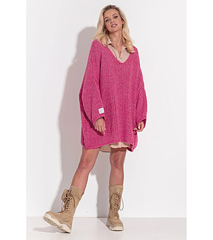 Овърсайз ажурен дамски дълъг пуловер в лилава циклама Beni снимка