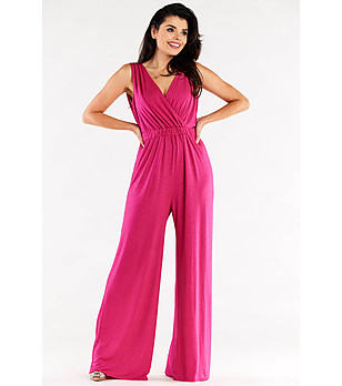 Стилен дамски гащеризон в цвят фуксия с блестящи частици Sara снимка