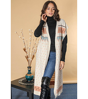 Дълга дамска жилетка в цвят крем снимка