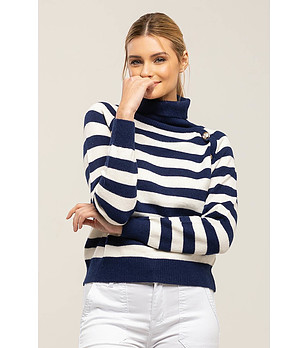 Дамски пуловер в тъмносиньо и бяло на райе снимка