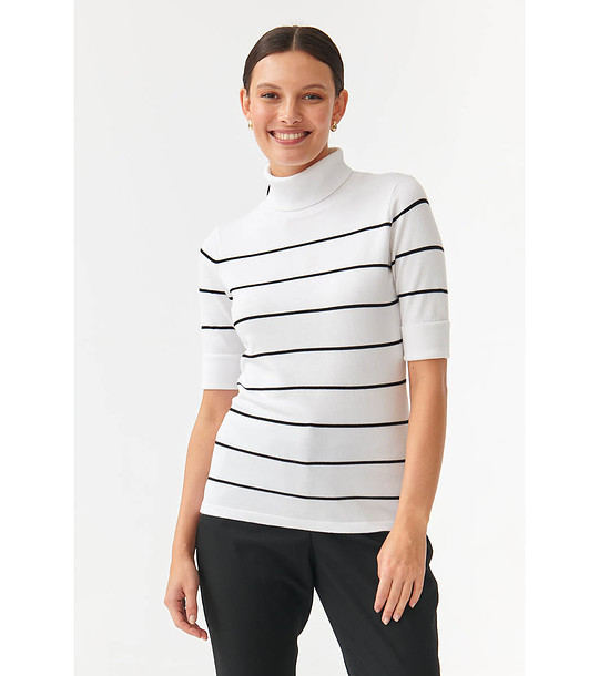 Бяла раирана дамска поло блуза с къс ръкав Lu снимка