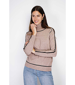 Дамски бежов пуловер с черни кантове Lenitta снимка