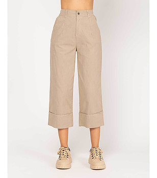 Бежов памучен дамски 7/8 панталон с широк крачол снимка