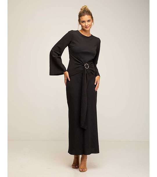 Черна дълга официална рокля с колан снимка