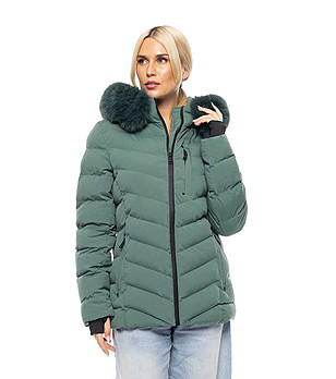 Зелено дамско яке с качулка с пух Inna снимка