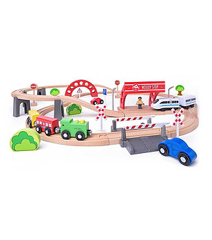 Дървен комплект с релси виадукт и електрически локомотив снимка