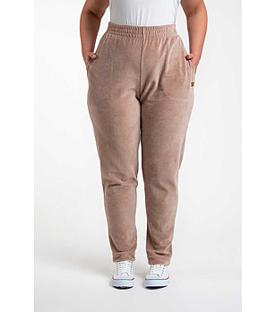 Бежово памучно дамско спортно долнище с кадифен ефект Roda снимка