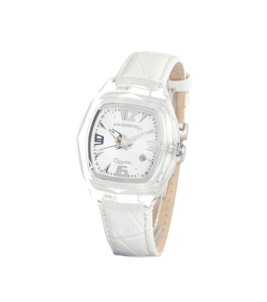 Часовник с прозрачен корпус и бяла кожена каишка снимка