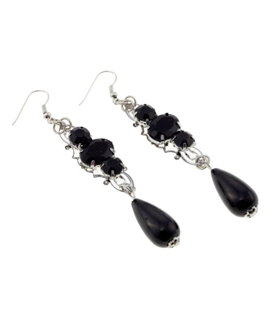 Дълги сребристи обеци с черни камъни снимка