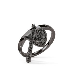 Дамски черен пръстен с кръст и сърце с кристали размер 52 снимка