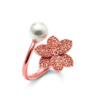 Розовозлатист дамски пръстен с цвете и перла размер 52 снимка