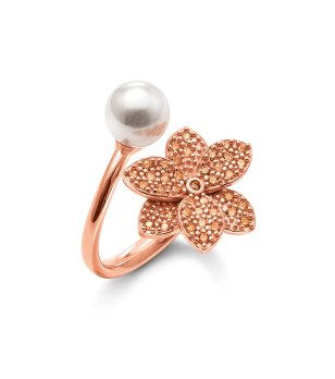 Розовозлатист дамски пръстен с цвете и перла размер 54 снимка