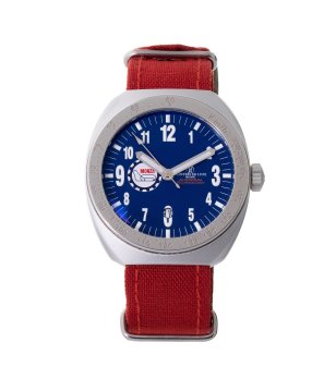 Кварцов часовник в сребристо и синьо с червена каишка снимка