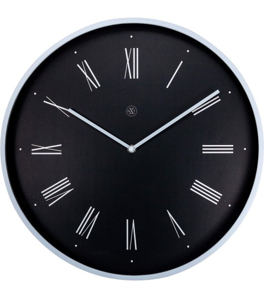 Черен кръгъл стенен часовник с римски цифри снимка