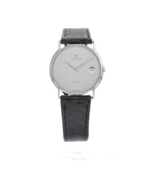 Кварцов дамски часовник в сребристо с черна кожена каишка снимка