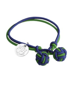 Дамска гривна в синьо и зелено с възли и сребриста висулка снимка