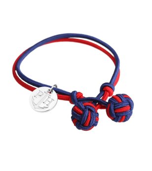 Дамска гривна в синьо и червено с възли и сребриста висулка снимка