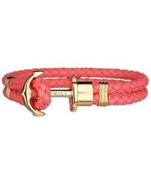 Кожена гривна в цвят корал с плетеница и златиста котва  размер XXL снимка
