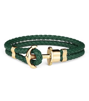 Кожена гривна в тъмнозелено с плетеница и златиста котва размер XXXlS снимка