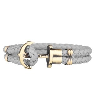 Кожена гривна в сиво с плетеница и златиста котва размер XL снимка