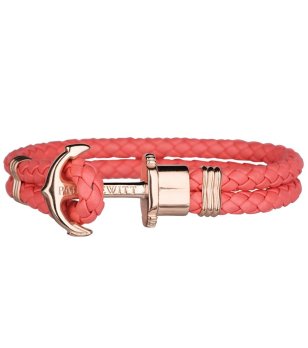 Кожена гривна в цвят корал  с плетеница и розовозлатиста котва размер XL снимка