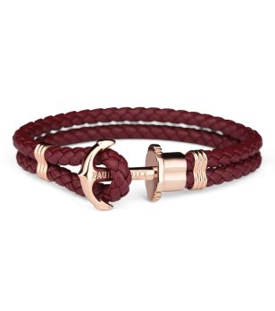 Кожена гривна в бордо с плетеница и розовозлатиста котва размер XS снимка