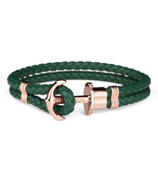 Кожена гривна в тъмнозелено с плетеница и розовозлатиста котва размер XXL снимка