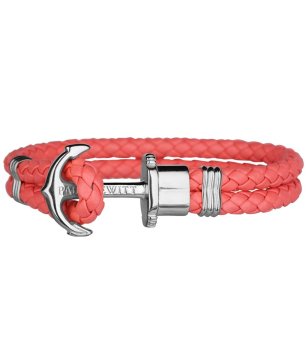 Кожена гривна в корал с плетеница и сребриста котва размер L снимка