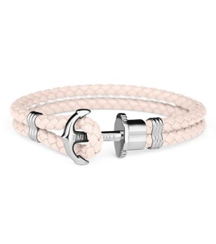 Кожена гривна в екрю с плетеница и сребриста котва размер XXL снимка