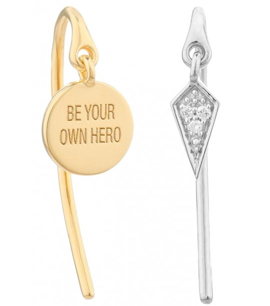 Обеци в златисто и сребристо с надпис и кристали снимка