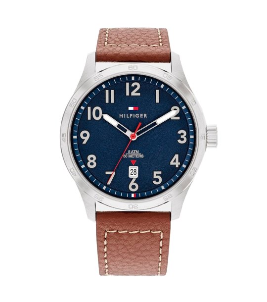 Мъжки аналогов часовник в сребристо и синьо с кафява кожена каишка снимка