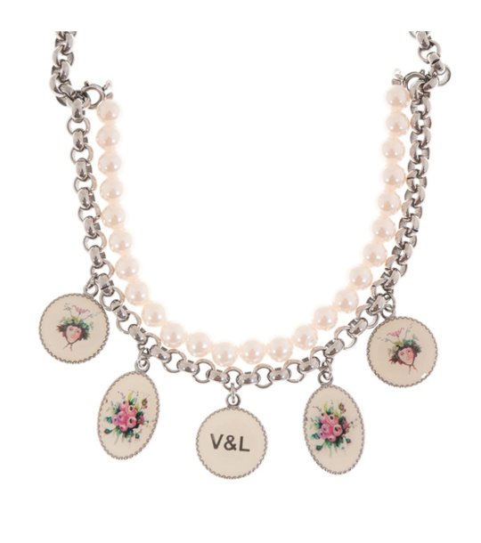 Дамско колие с верижка, перли и висулки снимка