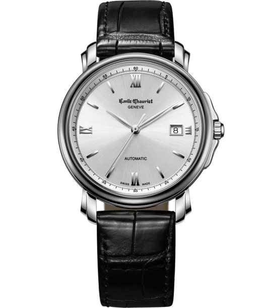 Автоматичен мъжки часовник в сребристо с черна кожена каишка снимка