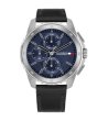 Мъжки часовник в сребристо и синьо с черна кожена каишка-0 снимка