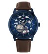 Автоматичен мъжки тъмносин часовник с кафява кожена каишка-0 снимка