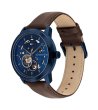 Автоматичен мъжки тъмносин часовник с кафява кожена каишка-1 снимка