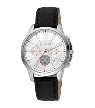 Мъжки аналогов часовник в сребристо с черна кожена каишка снимка