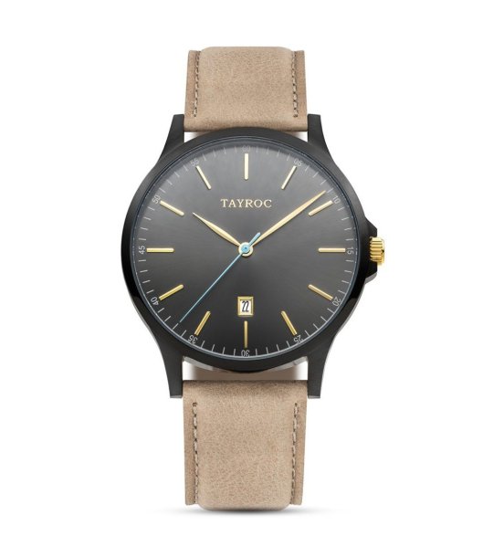 Мъжки класически часовник в черно с кафява кожена каишка снимка