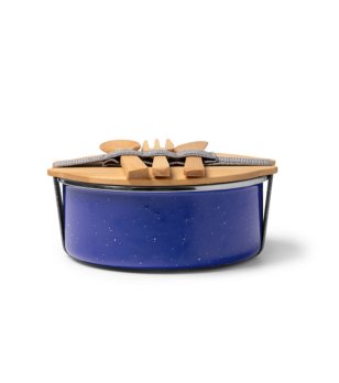 Синя метална кутия за храна с бамбуков капак и прибори EVELIN снимка