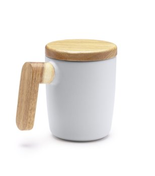 Бяла керамична чаша с бамбукова дръжка и капак LOVET снимка