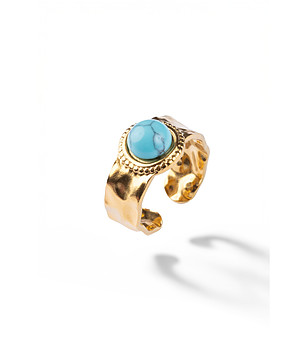 Позлатен дамски пръстен със син камък снимка