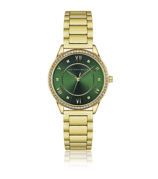 Златист дамски часовник с циферблат в зелено снимка